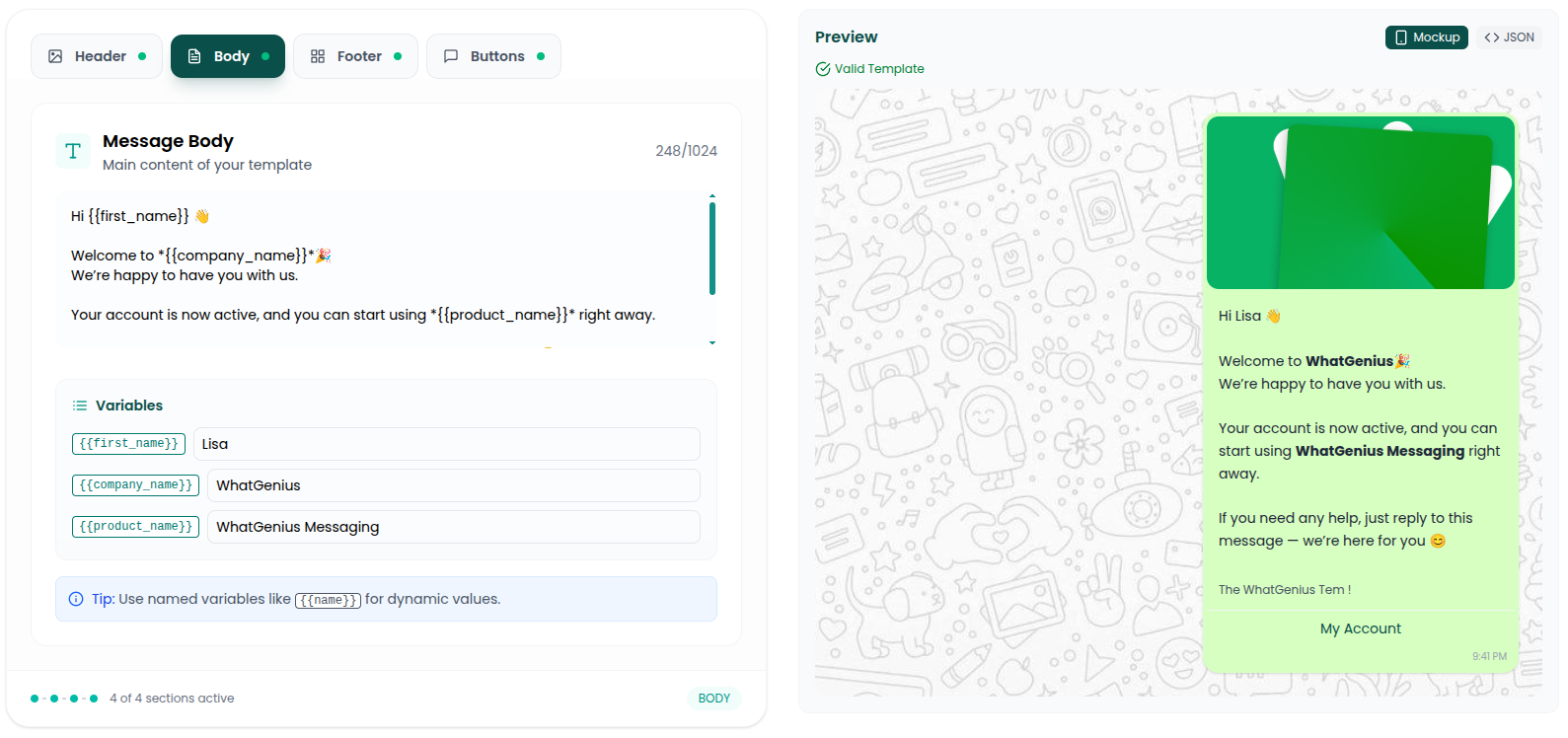WhatsApp Business template editor interface showing approved template creation